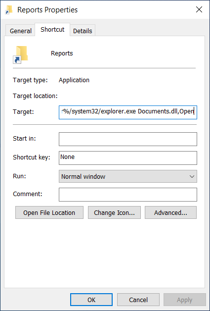 Shortcut which executes the hidden DLL file.