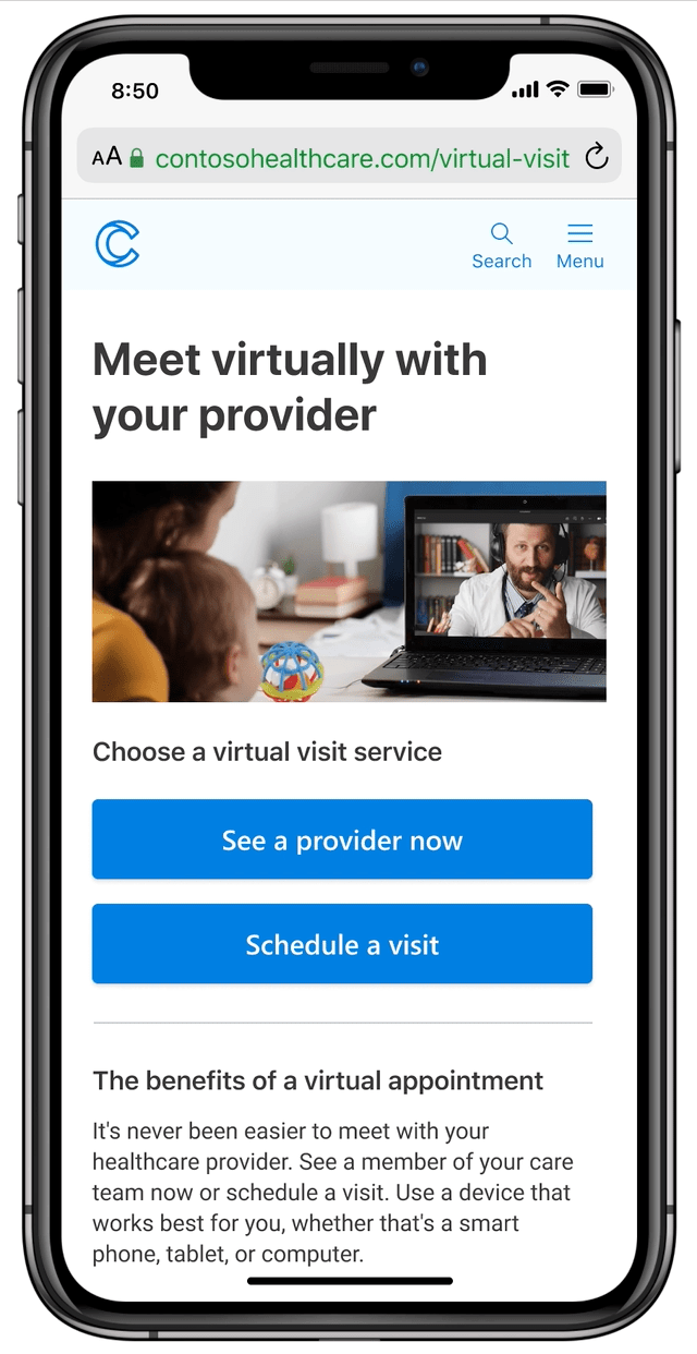 Mobilný telefón zobrazujúci výber virtuálneho stretnutia na požiadanie, pripojenie k virtuálnej čakárni a stretnutie s poskytovateľom.