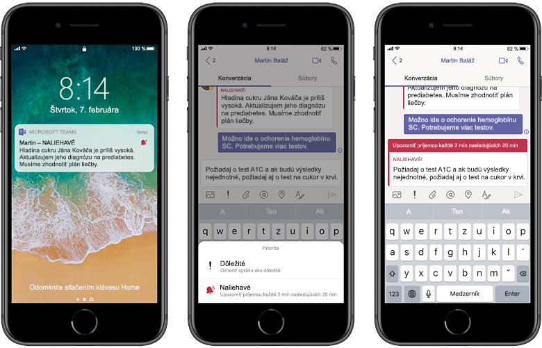 Obrázok troch telefónov zobrazujúcich, ako lekár dostáva v aplikácii Teams správu.