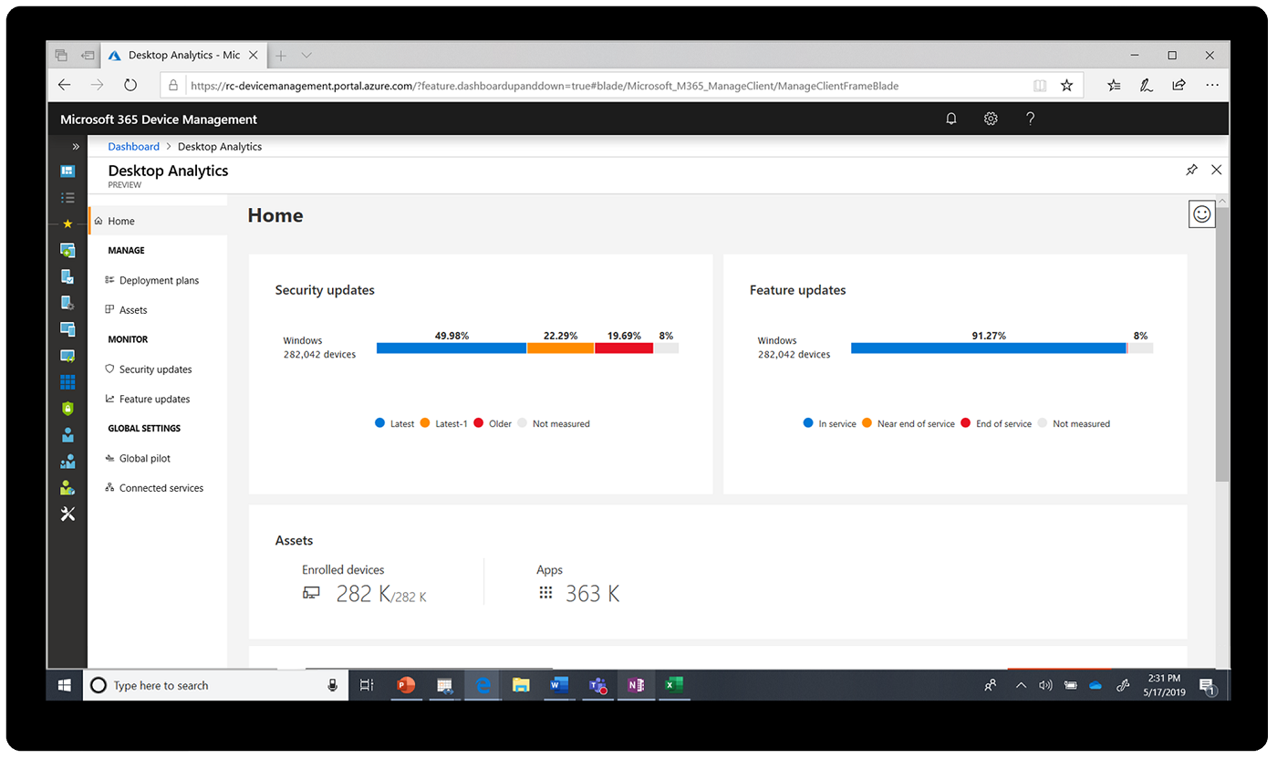 Snímka obrazovky znázorňujúca tabuľu služby Desktop Analytics.