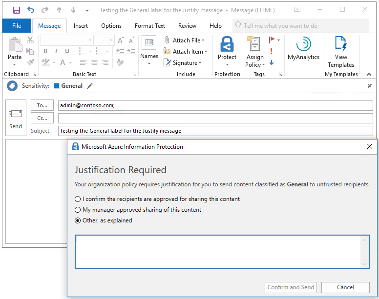 Snímka obrazovky služby Microsoft Azure Information Protection vyžadujúca odôvodnenie klasifikovaného e-mailu.