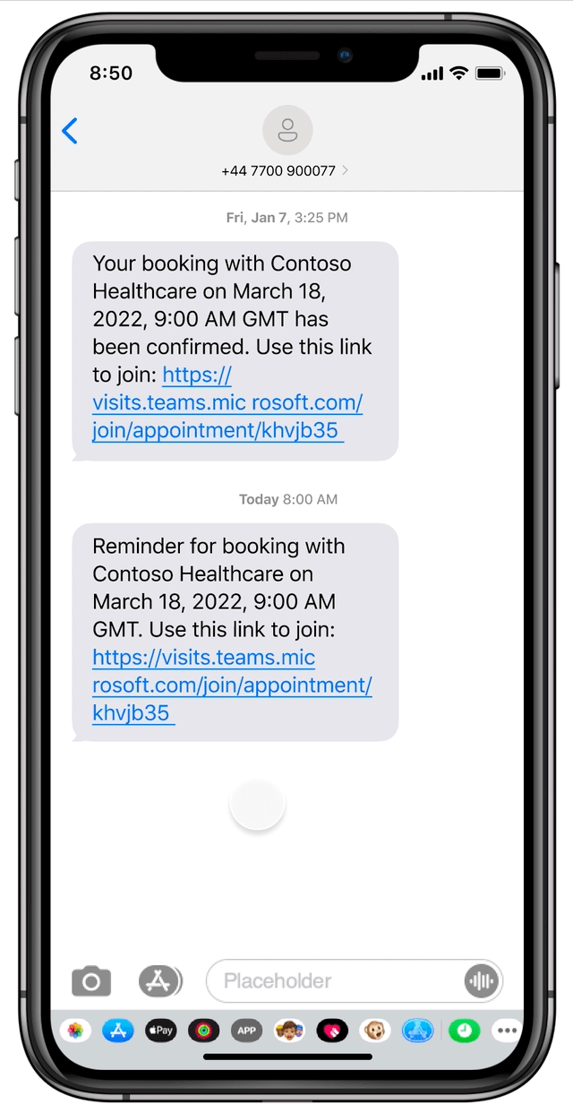 En mobiltelefon som används för att välja en anslutningslänk från en sms-påminnelse om ett besök, trycka på en incheckningsknapp och ansluta till besöket med en vårdgivare på skärmen.