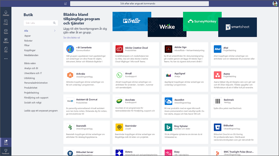 Vy över program som finns för Microsoft Teams i Store.