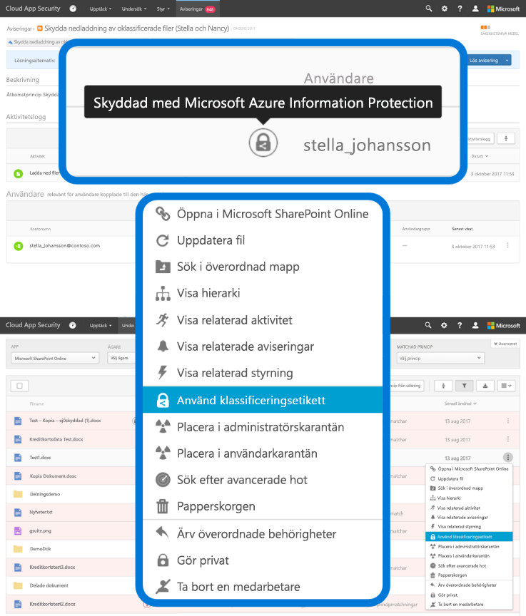 Skärmbild som visar alternativet ”Tillämpa klassificeringsetiketten” på en listmeny i Azure Information Protection. 