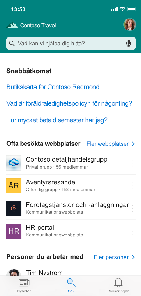 Den här bilden visar fliken Sök – finns snart i SharePoint-mobilappen – där du kan söka efter personer, innehåll och svar på frågor när du är iväg från kontoret.