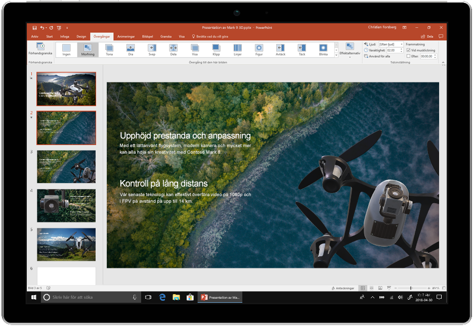 En bild som visar PowerPoint i Office 2019 på en enhet.