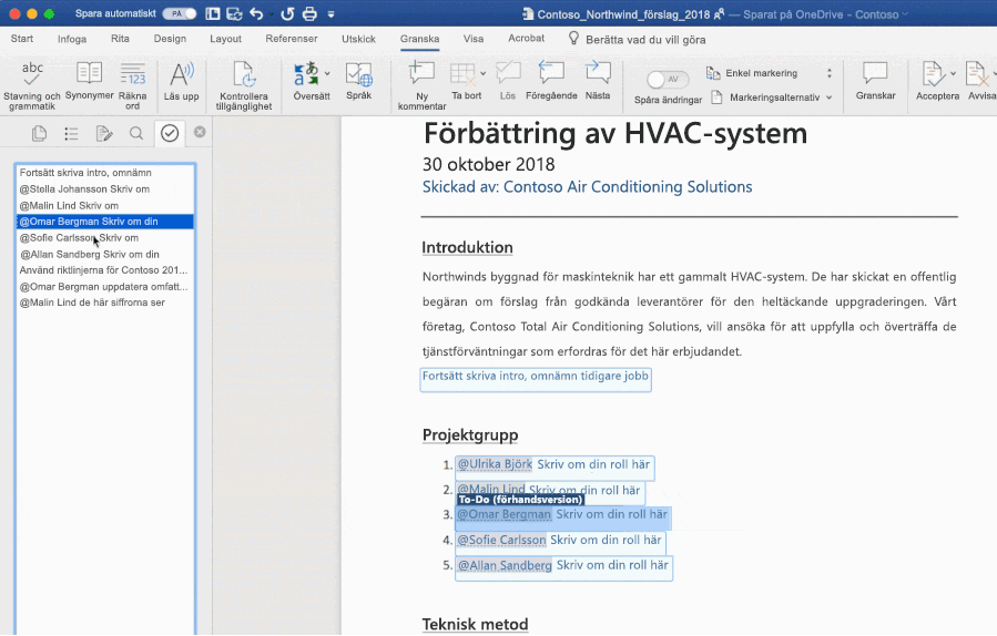 Skärmbild av ett öppet Word-dokument där den AI-baserade att göra-funktionen används.