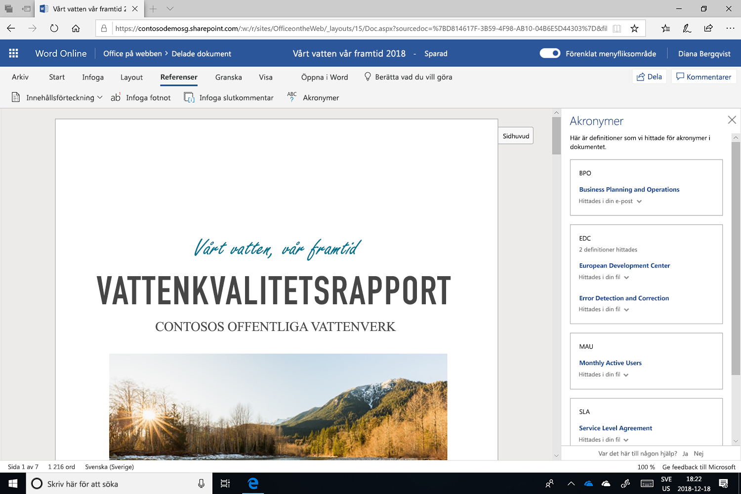 Skärmbild av fönsterrutan Akronymer som är öppen i Microsoft Word.