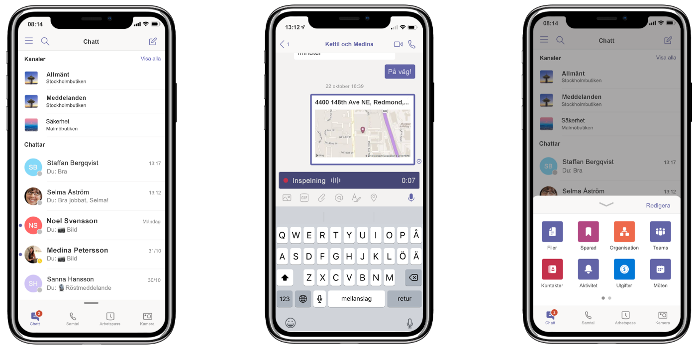 Tre iPhone-telefoner visar den nya Teams-funktionen: ha alla konversationer på en plats (vänster), dela plats och spela in ljudmeddelanden (mitten) och anpassa navigeringsmenyn (höger)