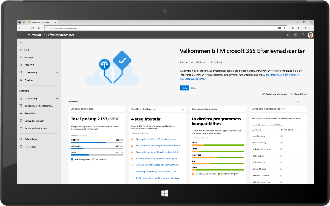 Bild av en surfplatta som visar nya Microsoft 365 Efterlevnadscenter.
