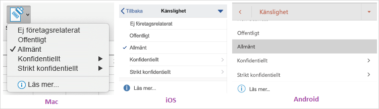 Skärmbild av listrutan för datakänslighet som visas på Mac, iOS och Android.