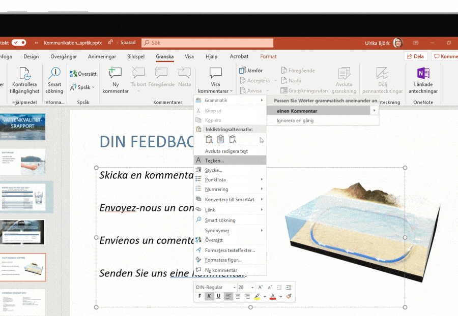 Skärmbild av stöd för flera språk använt på en Microsoft PowerPoint-bild.