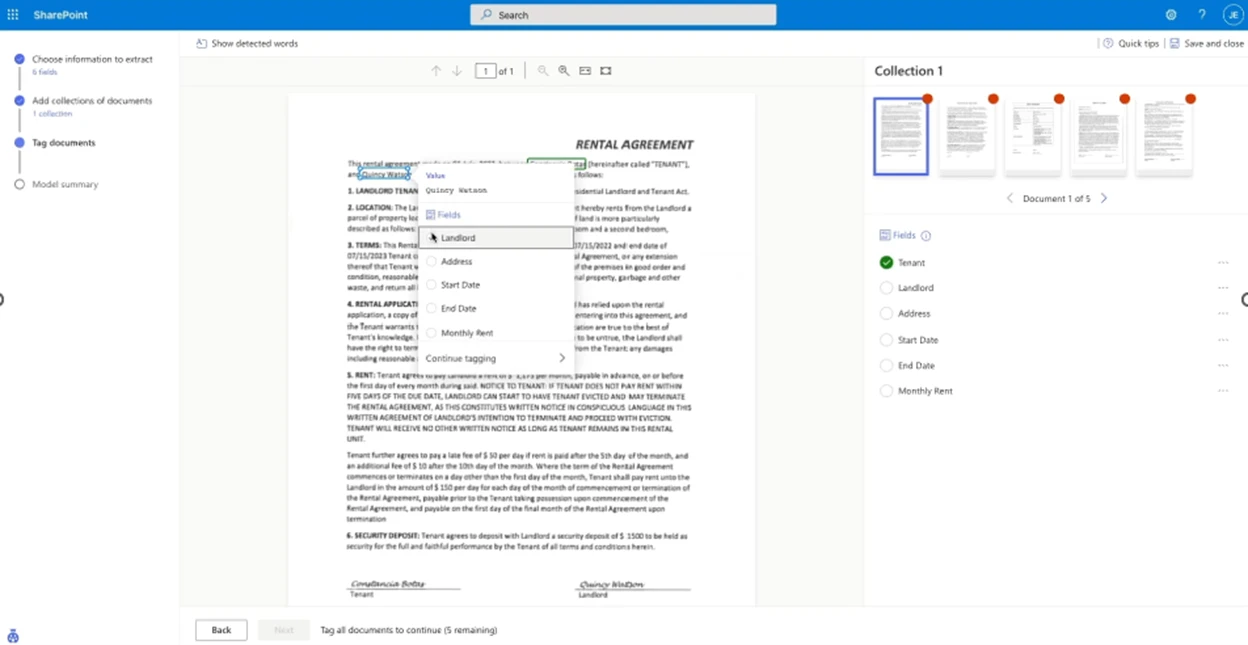 ส่วนติดต่อผู้ใช้สำหรับ Microsoft SharePoint ตัวอย่างการประมวลผลเอกสารกับสัญญาเช่า