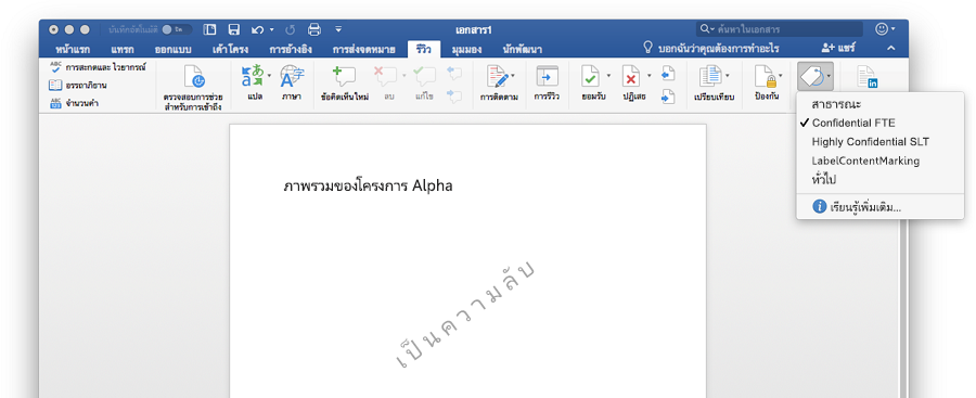 ในสกรีนช็อต เอกสารลับเฉพาะถูกแสดงใน Word รวมถึงลายน้ำของเอกสาร