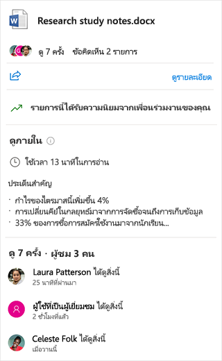 สกรีนช็อตแสดง "ลักษณะภายใน" ของเอกสาร Word โดยจะแสดงประเด็นสำคัญและเวลาที่ใช้ในการอ่านเอกสาร