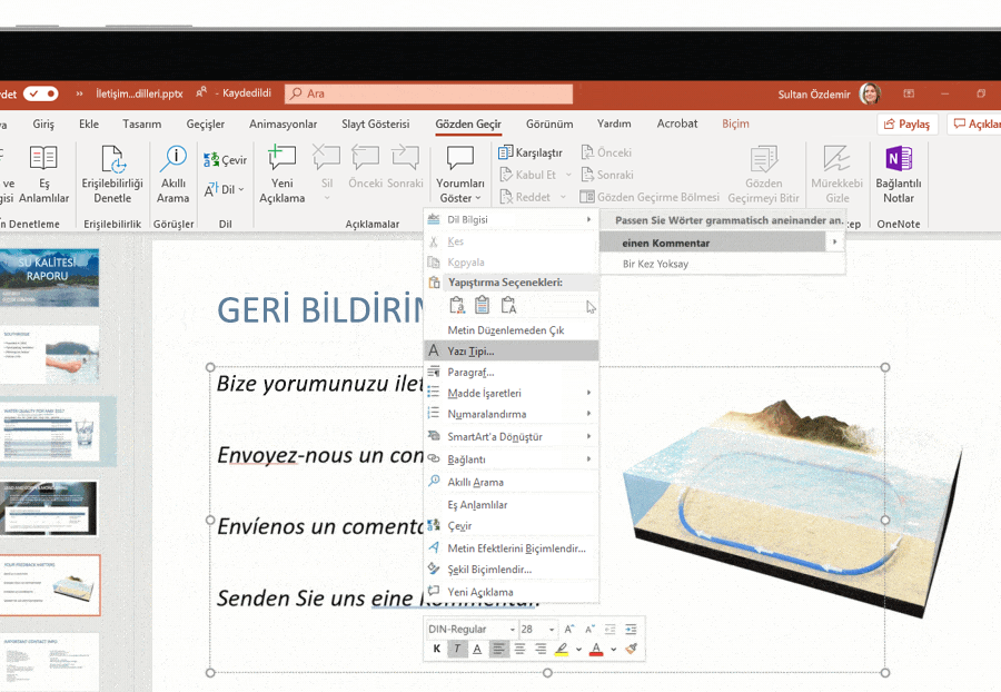 Microsoft PowerPoint slaydında kullanılan çoklu dil desteğinin ekran görüntüsü.