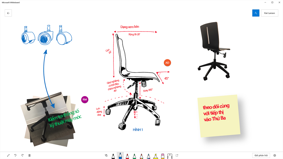 Hình ảnh hiển thị cách một nhóm sử dụng Microsoft Whiteboard để trực quan hóa thiết kế của ghế văn phòng.