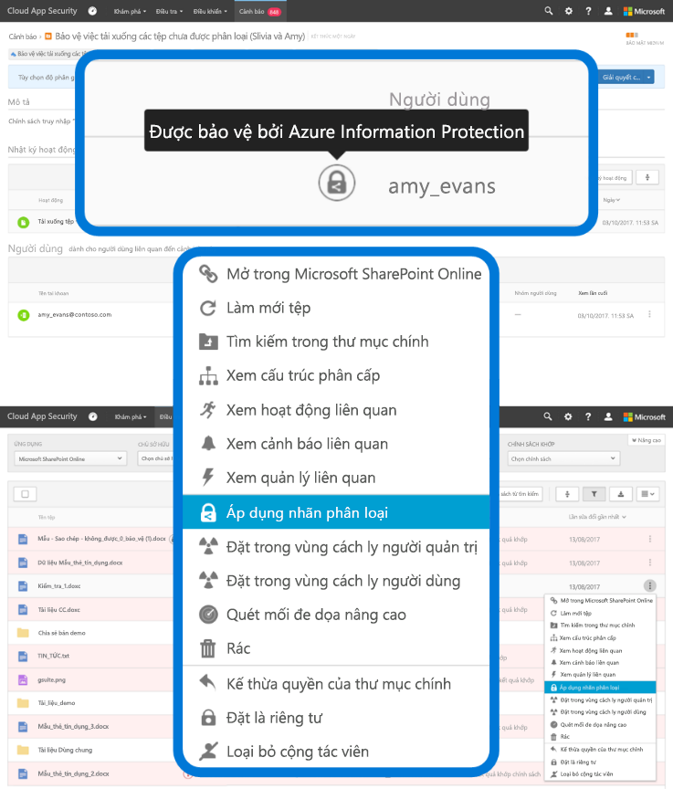 Ảnh chụp màn hình hiển thị lựa chọn "Áp dụng nhãn phân loại" từ menu thả xuống trong Azure Information Protection. 