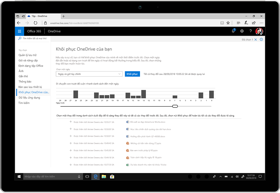 Ảnh chụp màn hình hiển thị tính năng Khôi phục Tệp trong OneDrive.