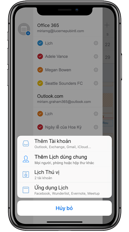 Hình ảnh một thiết bị di động đang thêm Lịch dùng chung được chia sẻ trong Outlook Mobile.