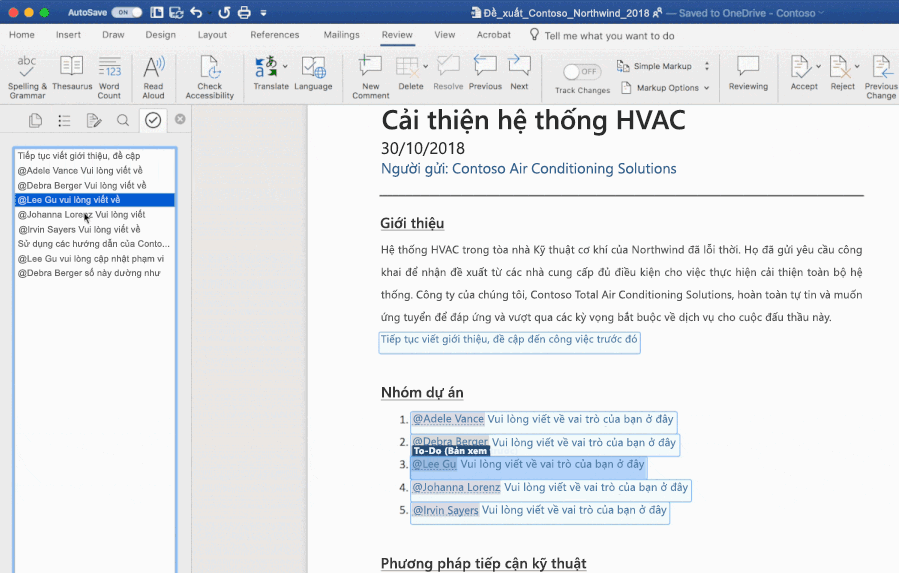 Ảnh chụp màn hình một tài liệu Word đang mở và sử dụng tính năng To-Do hoạt động trên nền tảng AI.