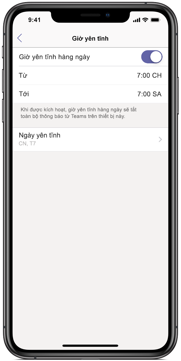 Hình ảnh màn hình điện thoại hiển thị Microsoft Teams, với thời gian yên tĩnh được đặt từ 7:00 ch đến 7:00 sa.