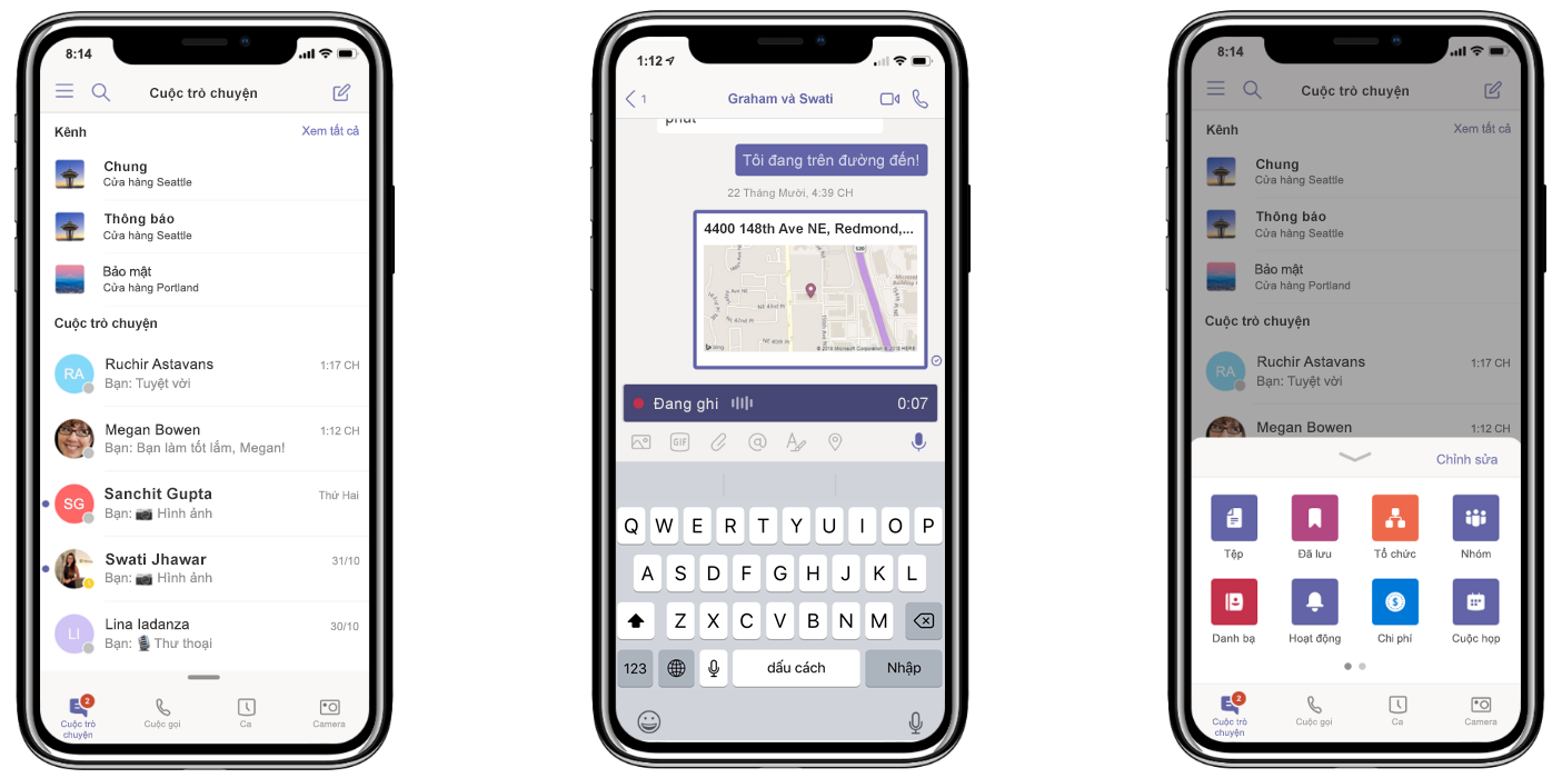 Ba iPhone hiển thị tính năng mới của Teams: Lưu giữ mọi cuộc hội thoại ở một nơi (bên trái), chia sẻ vị trí và ghi tin nhắn thoại (ở giữa) và tùy chỉnh menu dẫn hướng (bên phải)
