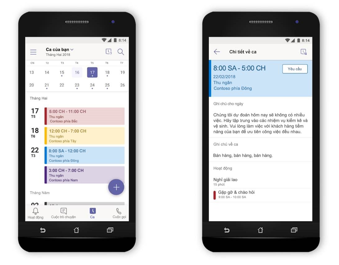 Hình ảnh hai điện thoại song song hiển thị tính năng Ca trong Microsoft Teams.
