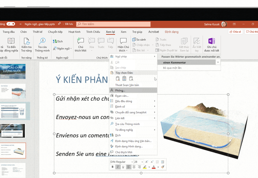 Ảnh chụp màn hình hỗ trợ đa ngôn ngữ được sử dụng trên một trang chiếu Microsoft PowerPoint.