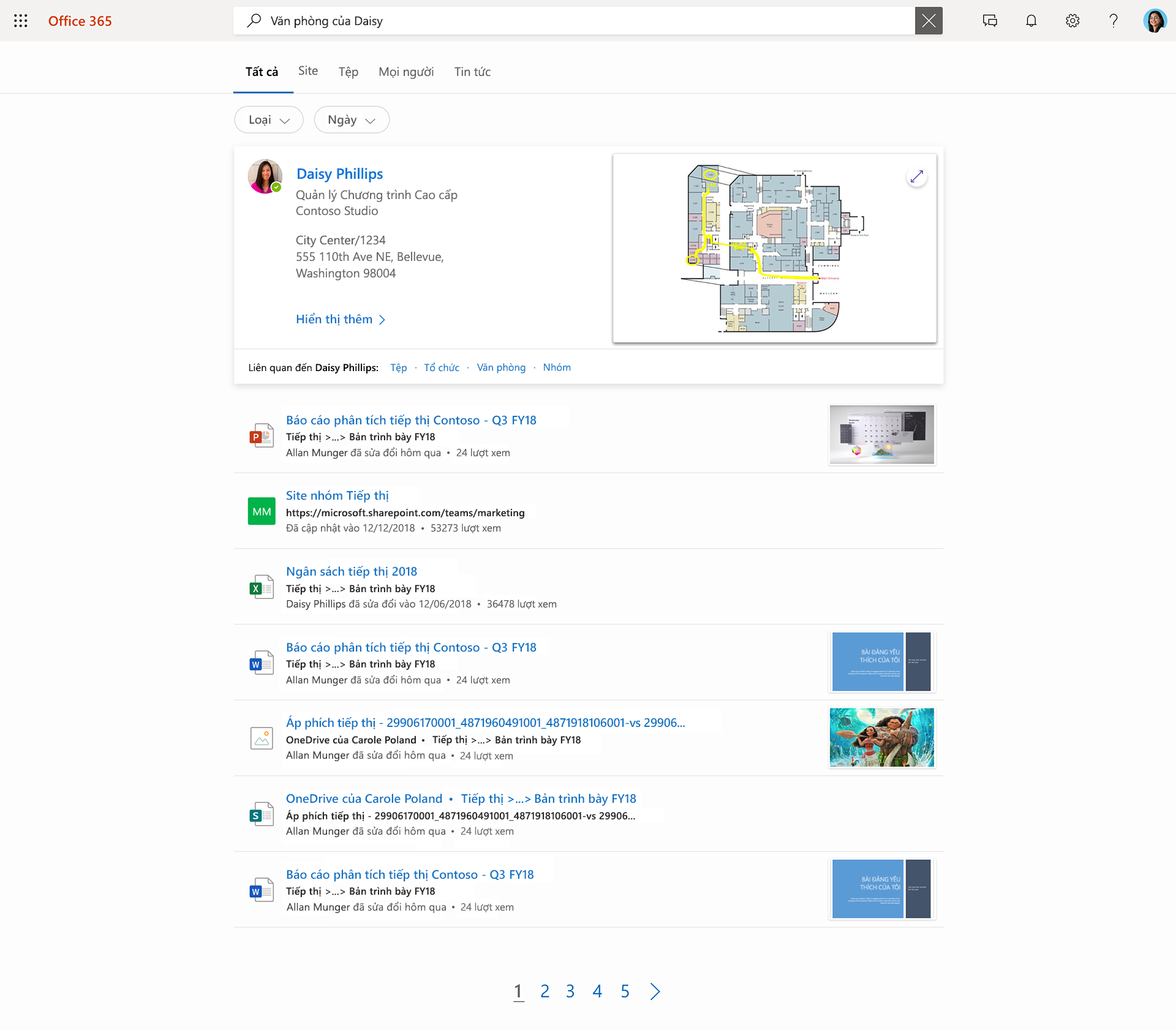 Hình ảnh về Tìm kiếm của Microsoft. Một người dùng đã nhập cụm từ Văn phòng Daisy và các liên hệ, tệp cũng như site được hiển thị trong danh sách của cô ấy.