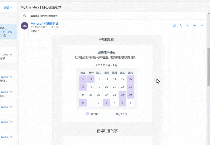 Outlook 中 MyAnalytics 的螢幕擷取畫面。