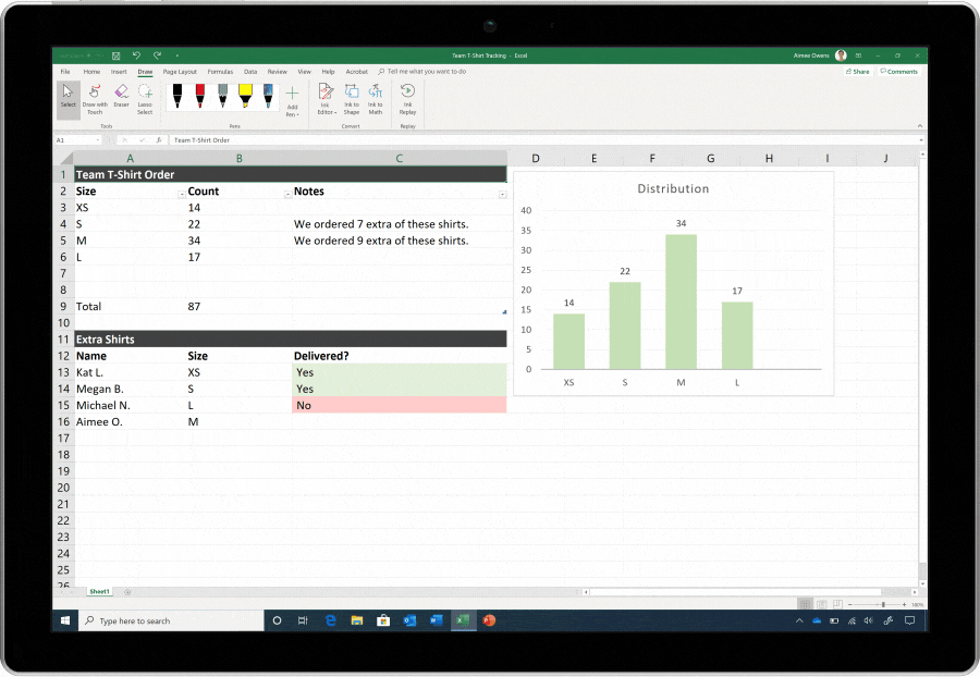 在 Microsoft Excel 試算表中清除和撰寫內容之數位筆的動畫影像。