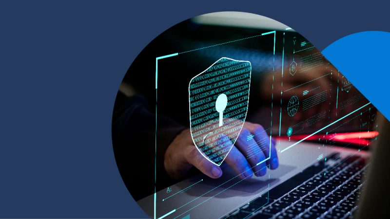 Person typing with security key overlay