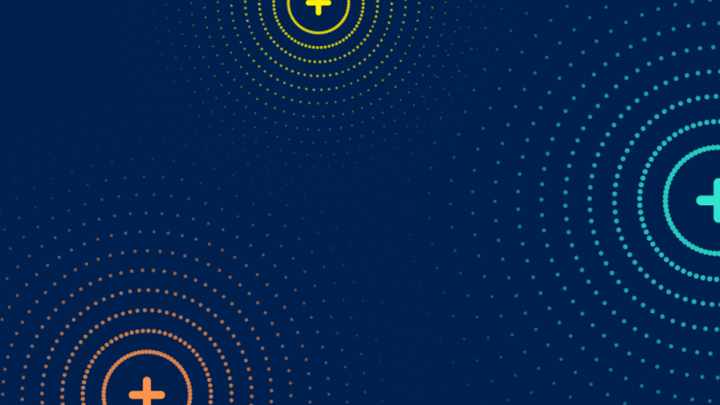 Abstract background with radiating dots and plus signs.